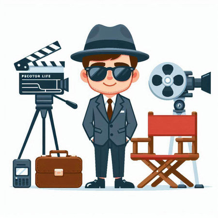 Cinema director with camera and chair. Vector illustration in cartoon styleのイラスト素材