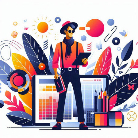 Hipster man with tablet, phone and gadgets. Vector illustrationのイラスト素材