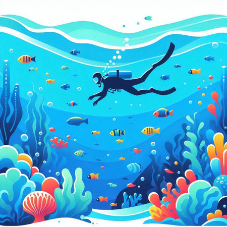Scuba diving in the sea. Underwater world. Vector illustration.のイラスト素材