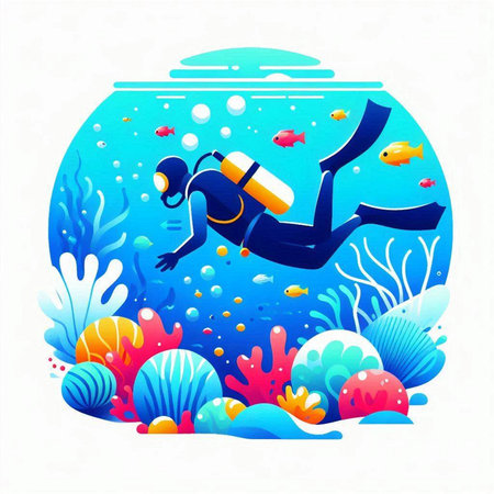 Scuba diving. Underwater world. Vector illustration in flat styleのイラスト素材
