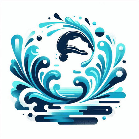 Illustration of a water splash with a dolphin in the center.のイラスト素材
