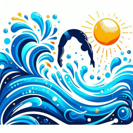 Vector illustration of a swimming pool with sun and waves on a white backgroundのイラスト素材