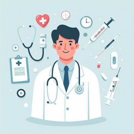 Doctor with stethoscope and medical equipment. Vector illustration in flat styleのイラスト素材