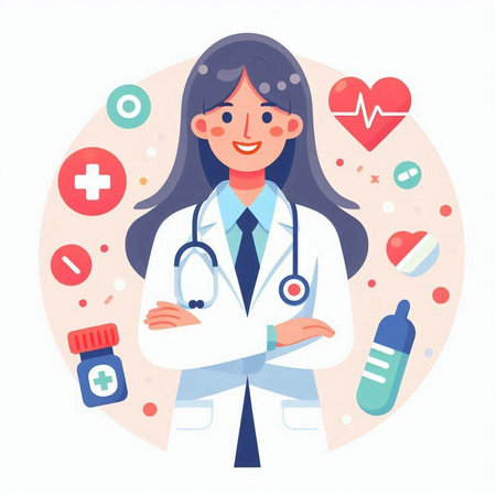 Female doctor with stethoscope and bottle of pills. Vector illustrationのイラスト素材