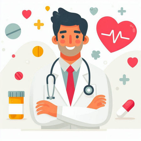 Male doctor with stethoscope and pills. Vector illustration in flat styleのイラスト素材