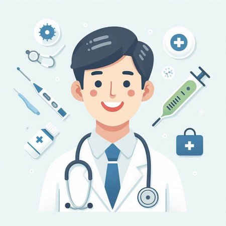 Doctor with stethoscope and medical equipment. Vector illustration in cartoon style.のイラスト素材