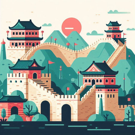 Landscape with ancient Chinese city. Vector illustration in flat style.のイラスト素材
