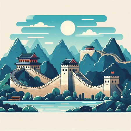 Landscape with Great Wall of China in flat style. Vector illustrationのイラスト素材