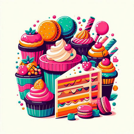 Colorful vector illustration of cupcakes, macaroons, cakes and sweetsのイラスト素材