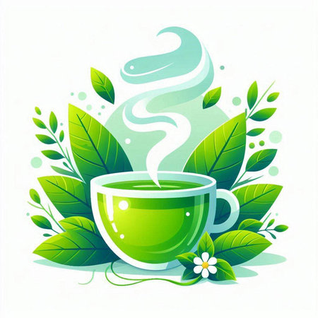 Green tea cup with leafs on a white background. Vector illustration.のイラスト素材