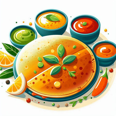Pancakes with tomato sauce on a white background. Vector illustration.のイラスト素材