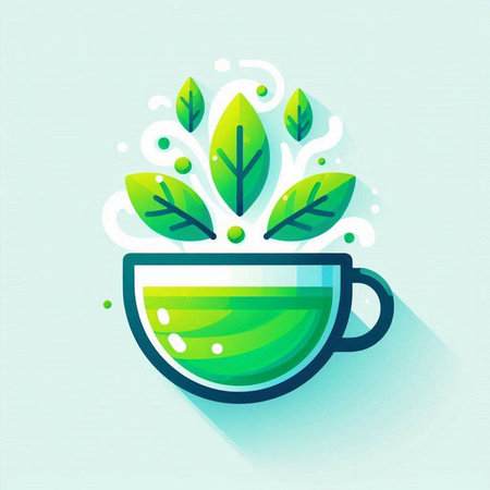 Cup of tea with green leaves, flat design, vector illustrationのイラスト素材