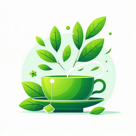 Green tea cup with tea bag and green leaves. Vector illustration.のイラスト素材