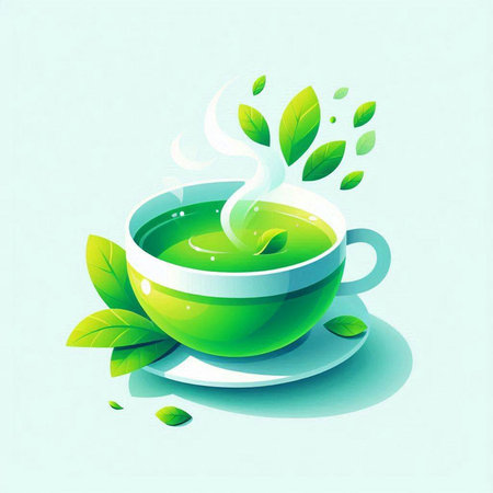Green tea with leaves. Vector illustration of a cup of green tea.のイラスト素材