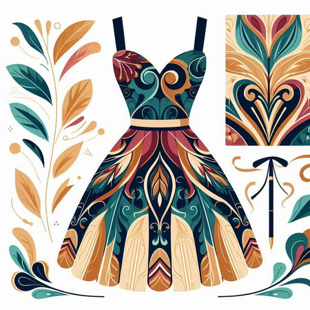 Vector illustration of a beautiful dress with floral pattern. Fashionable background.のイラスト素材