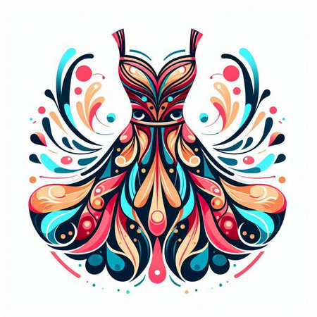 Fashion woman's dress with colorful floral ornament. Vector illustration.のイラスト素材