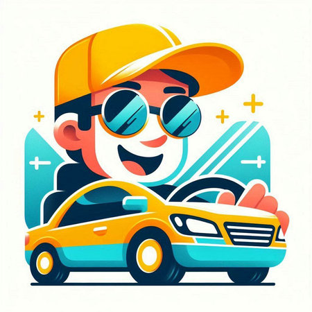 Vector cartoon illustration of smiling man in cap and sunglasses driving car.のイラスト素材