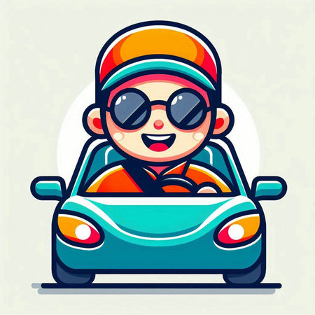 Cute cartoon boy driving a car. Vector illustration in a flat style.のイラスト素材