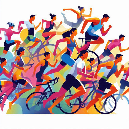 Group of people running, jogging, cycling, vector illustration.のイラスト素材
