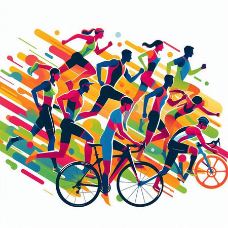 Cyclists and cyclists silhouettes on colorful background. Vector illustration.のイラスト素材