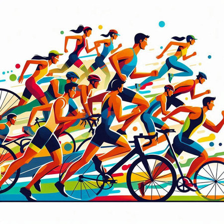 Group of active people, men and women, cycling race, vector illustrationのイラスト素材