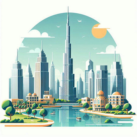 City landscape with skyscrapers and lake. Vector illustration in retro styleのイラスト素材