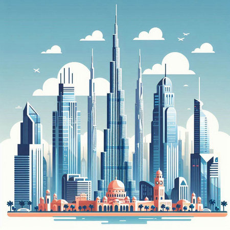 Dubai skyline with skyscrapers and clouds. Vector illustration.のイラスト素材