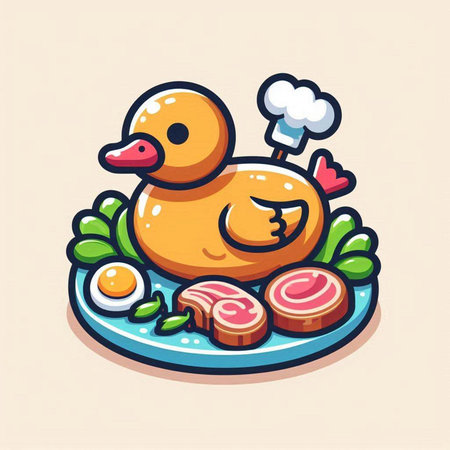 Vector illustration of a cute cartoon duck character on a plate with fried eggs.のイラスト素材