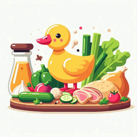 Duck and vegetables on a wooden board. Cartoon vector illustration.のイラスト素材