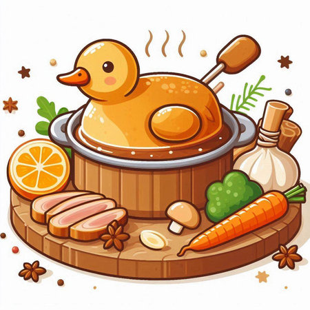 Vector illustration of Roast chicken in a wooden pot with ingredients.のイラスト素材