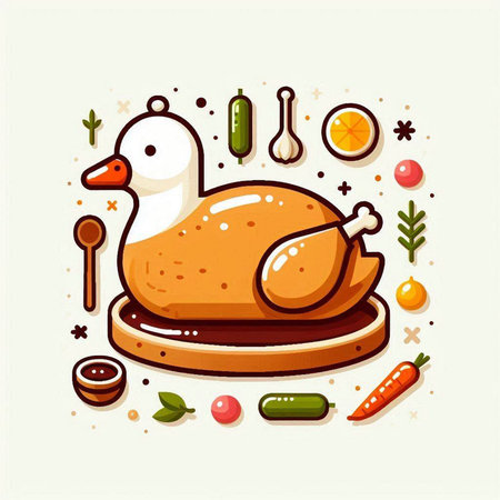 Illustration of a roasted turkey with vegetables and spices. Vector illustration.のイラスト素材