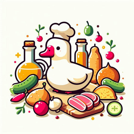 Vector illustration of a white duck in a chef hat surrounded by vegetables and fruits.のイラスト素材