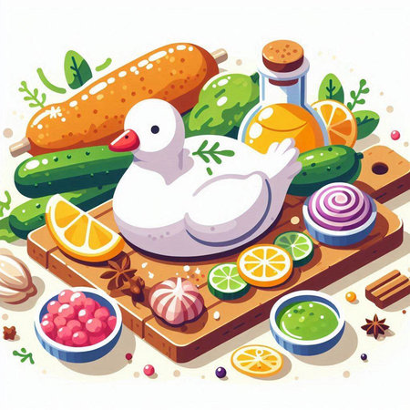 Illustration of a duck surrounded by food ingredients on a white backgroundのイラスト素材