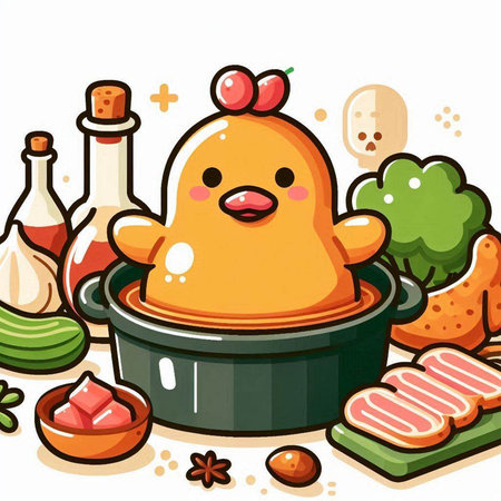 Illustration of a Cute Chicken Cooking in a Pot with Ingredientsのイラスト素材