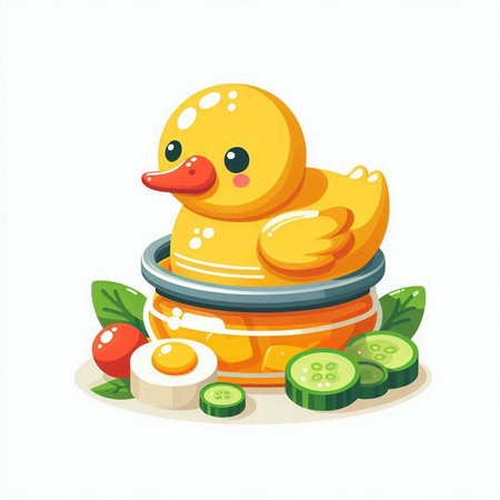 Cute yellow rubber duck with eggs and cucumber. Vector illustration.のイラスト素材