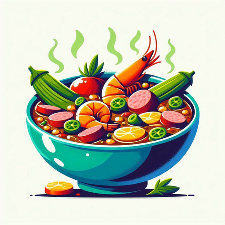 Soup with vegetables and seafood in a bowl. Vector illustration.のイラスト素材