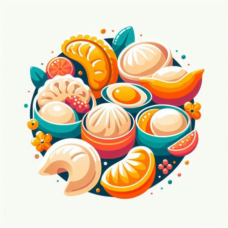 Vector illustration of Chinese steamed dumplings in round shape.のイラスト素材