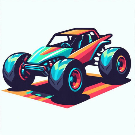 illustration of a monster truck with multicolored wheels on a white backgroundのイラスト素材
