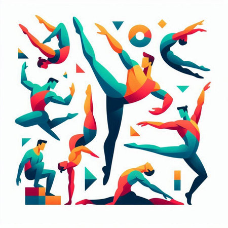 Vector illustration of a group of people engaged in gymnastics. A man and a woman are engaged in gymnastics.のイラスト素材