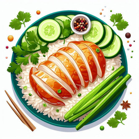 Illustration of a salmon and rice with vegetables on a white backgroundのイラスト素材