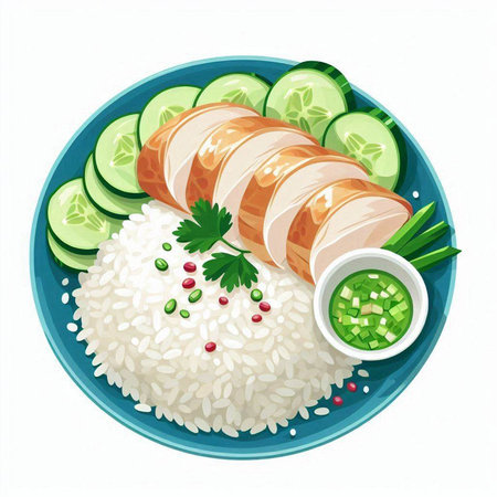 Illustration of a bowl of rice with chicken fillet and cucumberのイラスト素材