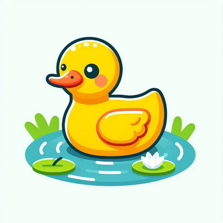 Cute yellow rubber duck swimming in the pond. Vector illustration.のイラスト素材