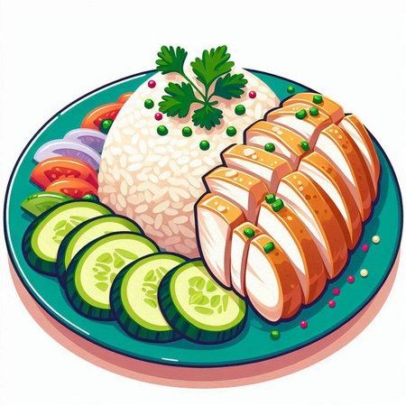 Hainanese rice with chicken and cucumber on plate illustrationのイラスト素材