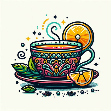 Cup of tea with lemon and mint. Hand drawn vector illustration.のイラスト素材