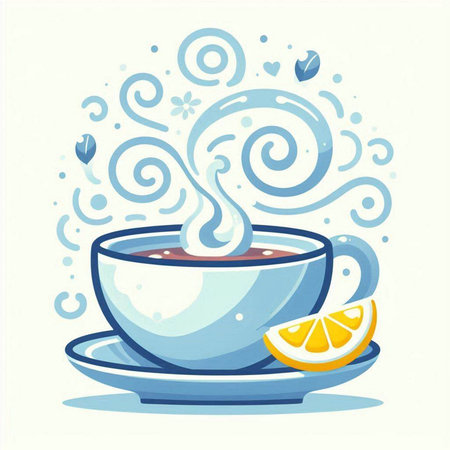 Cup of tea with lemon and blue swirls. Vector illustration.のイラスト素材