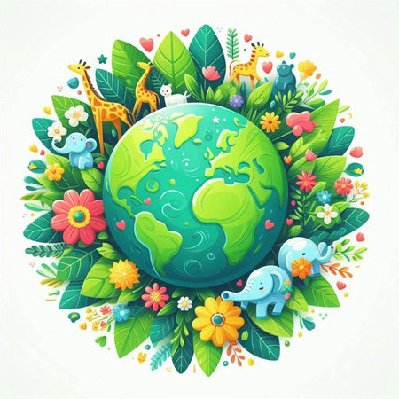 Vector illustration of Earth with animals and flowers in the form of a circle