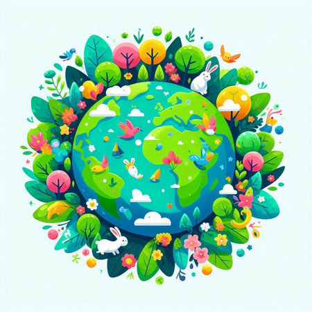 Ecology concept. Green planet with flowers and birds. Vector illustration.