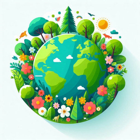 Ecology background with grass, flowers and globe. Vector illustration.のイラスト素材