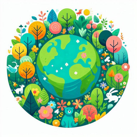 Ecology concept. Earth planet surrounded by trees and flowers. Vector illustration.のイラスト素材