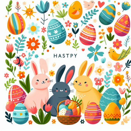 Easter greeting card with eggs, bunny and flowers. Vector illustrationのイラスト素材